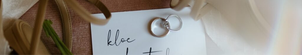 Wedding bands over wedding invitation.
