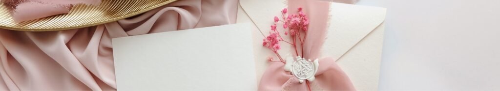 wedding invitation with pick ribbon.