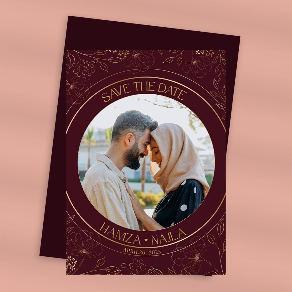 Vertical save the date card with photo and flower details.