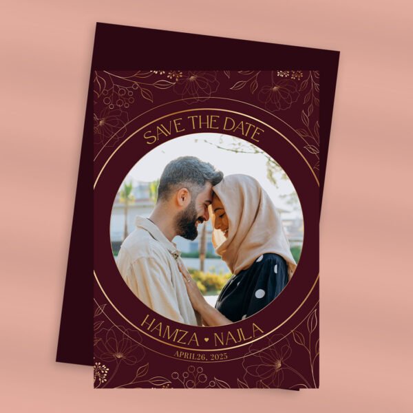 Vertical save the date card with photo and flower details.