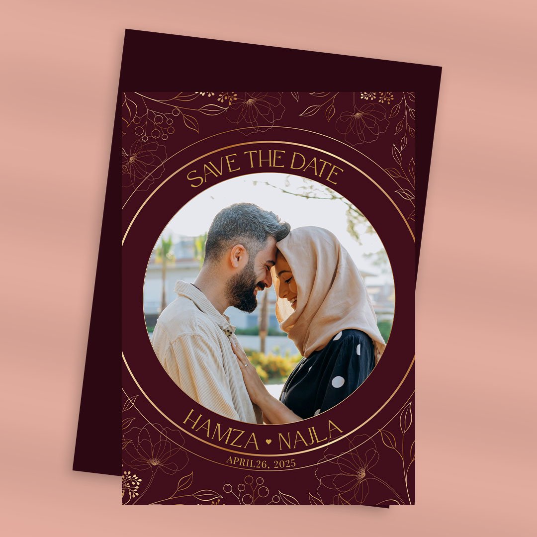 Vertical save the date card with photo and flower details.