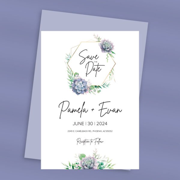 Vertical save the date card with succulent flower details and gold frame.