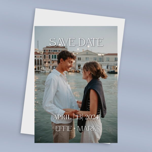 Vertical save the date card with couple's photo.