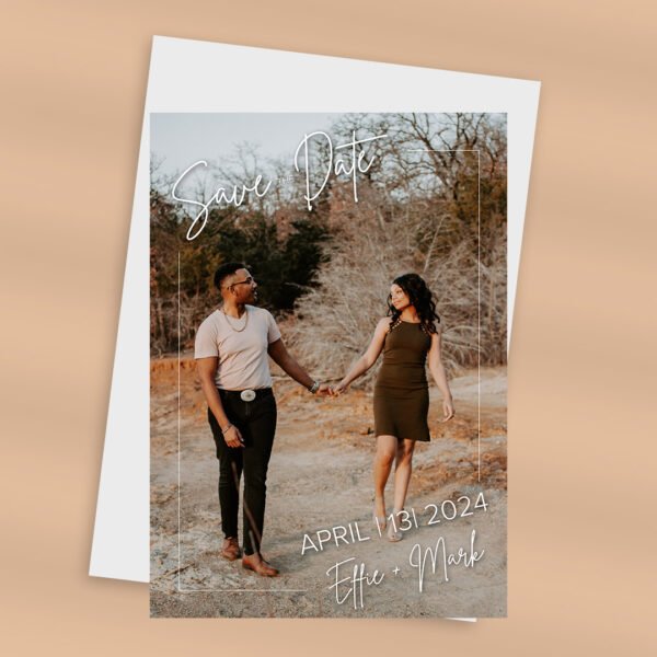 Vertical save the date card with couple's photo and light frame.