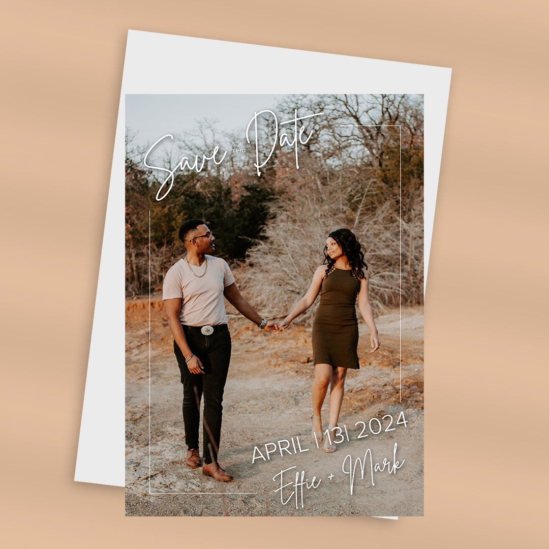 Vertical save the date card with couple's photo and light frame.