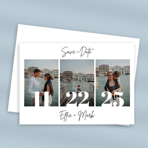 Horizontal save the date card with three photos.