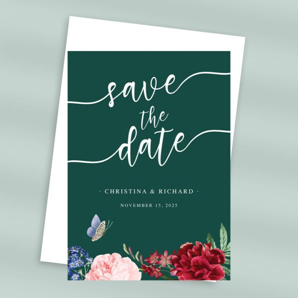 Vertical save the date card with flower details and handwritten font.