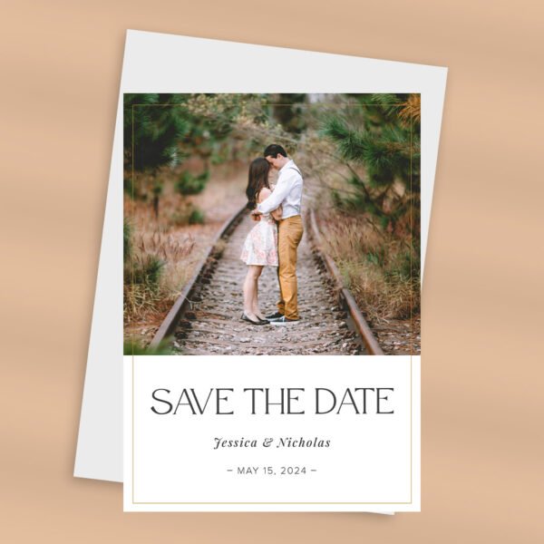 Vertical save the date card with photo and white background.