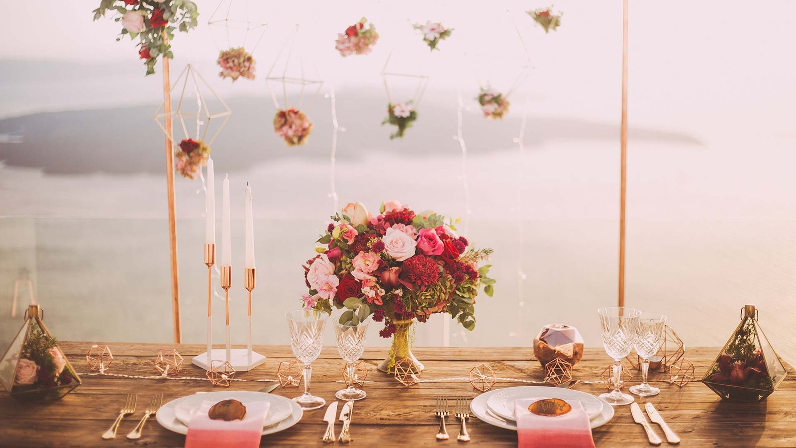 Modern wedding decoration table in front of the sea