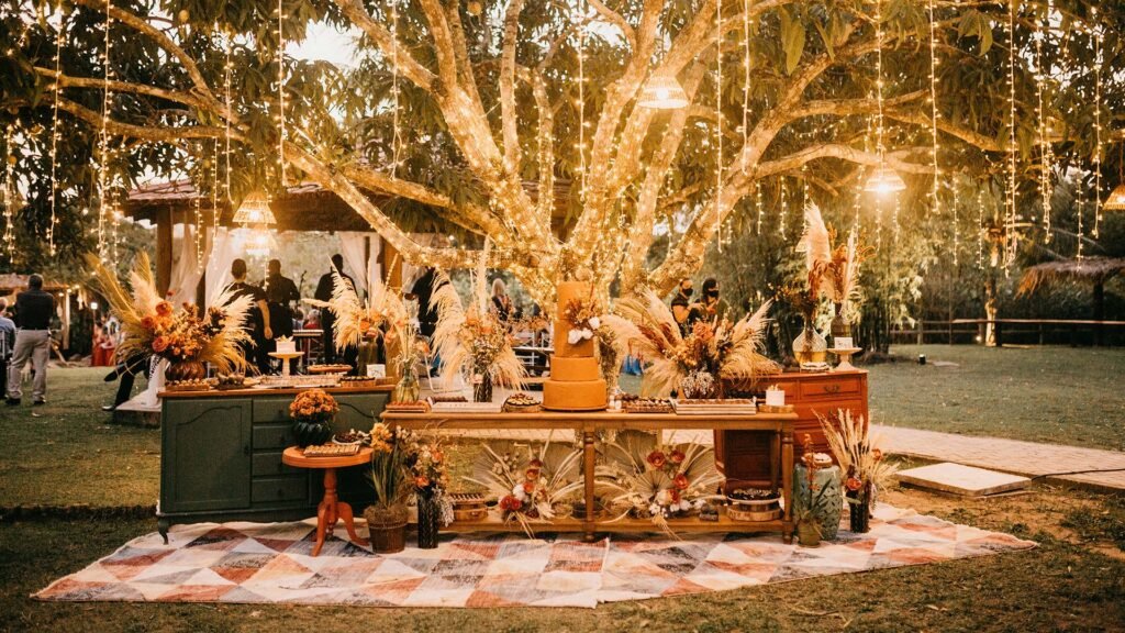 Bohemian style wedding decoration with lighted tree.