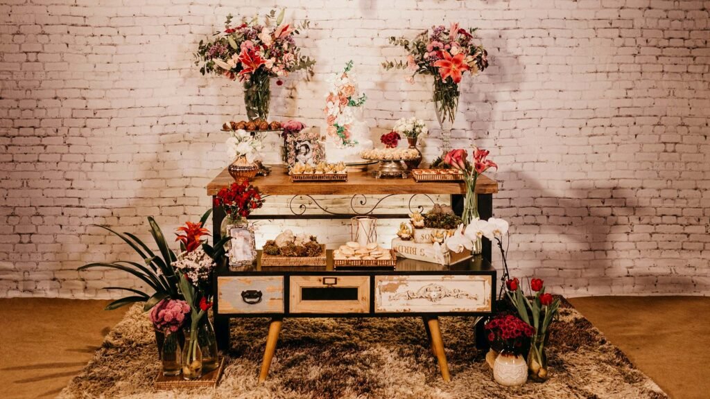 Sustainable wedding decor with recycled and thrifted items.