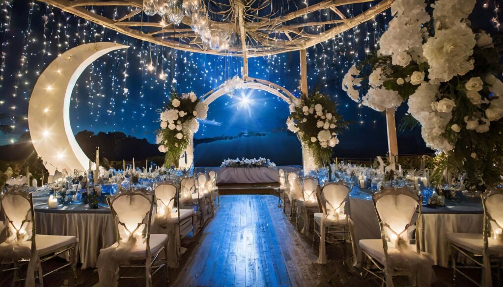 Celestial inspired wedding venue with blue and gold details