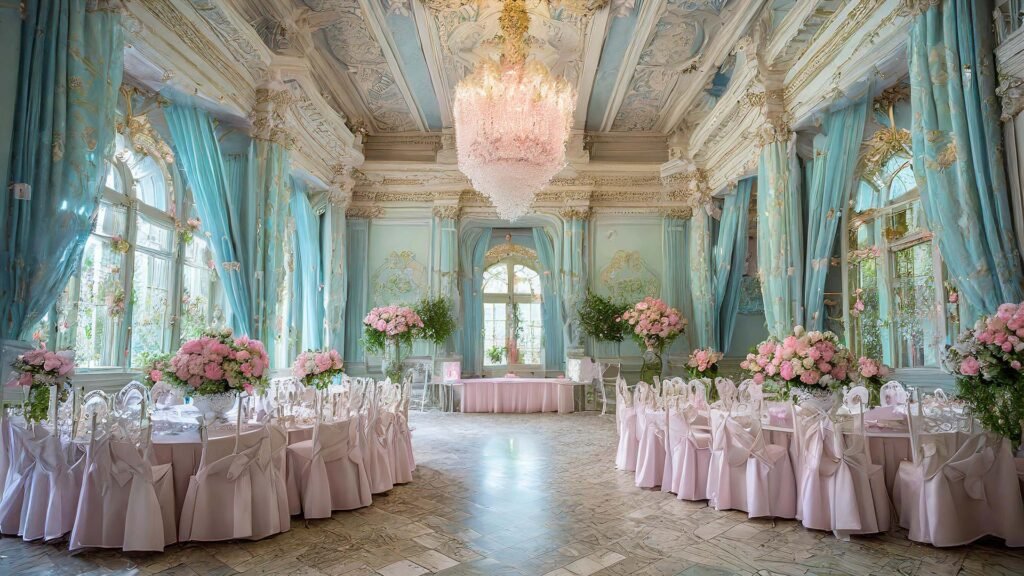 Empty wedding party venue XV century palace adorned with elegant decorations soft lighting floral arrangements