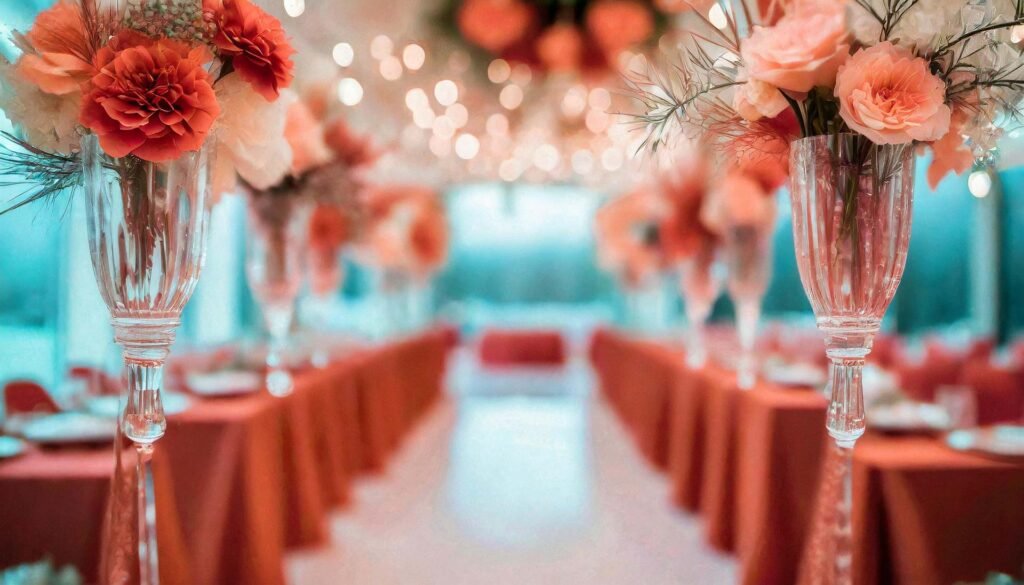 Red terracota and teal wedding venue decoration