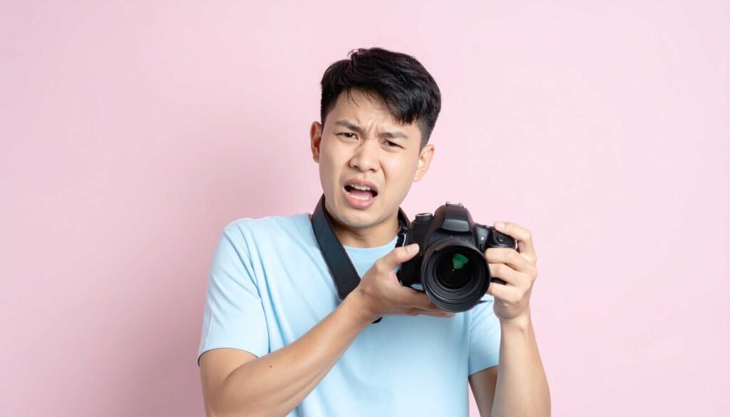male photographer with a cringe face.