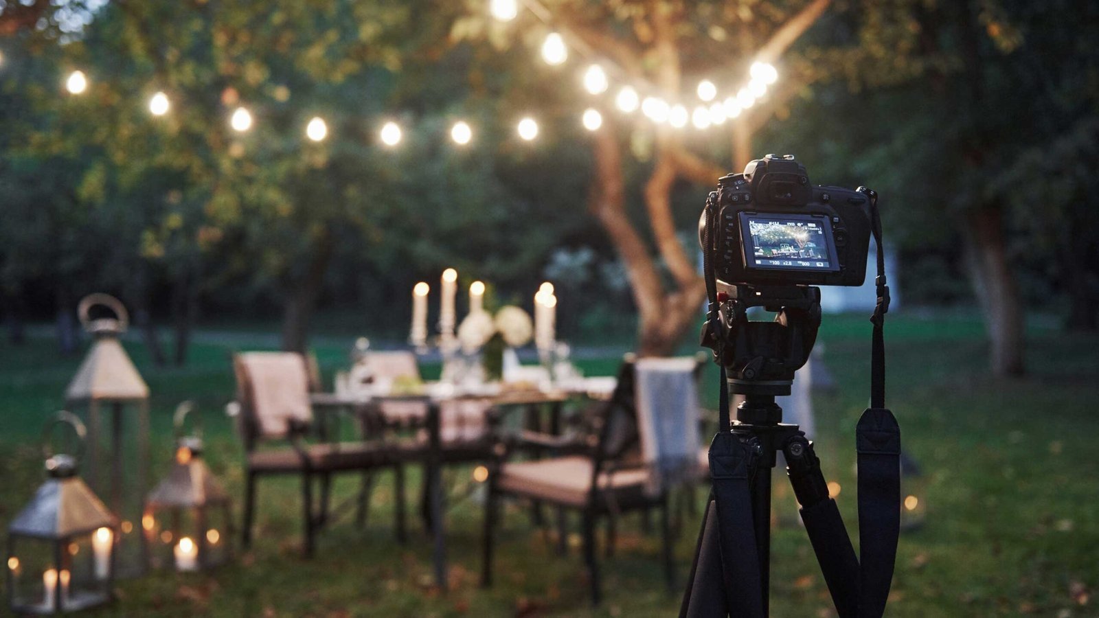 professional equipment camera tripod stand field front prepared table wedding